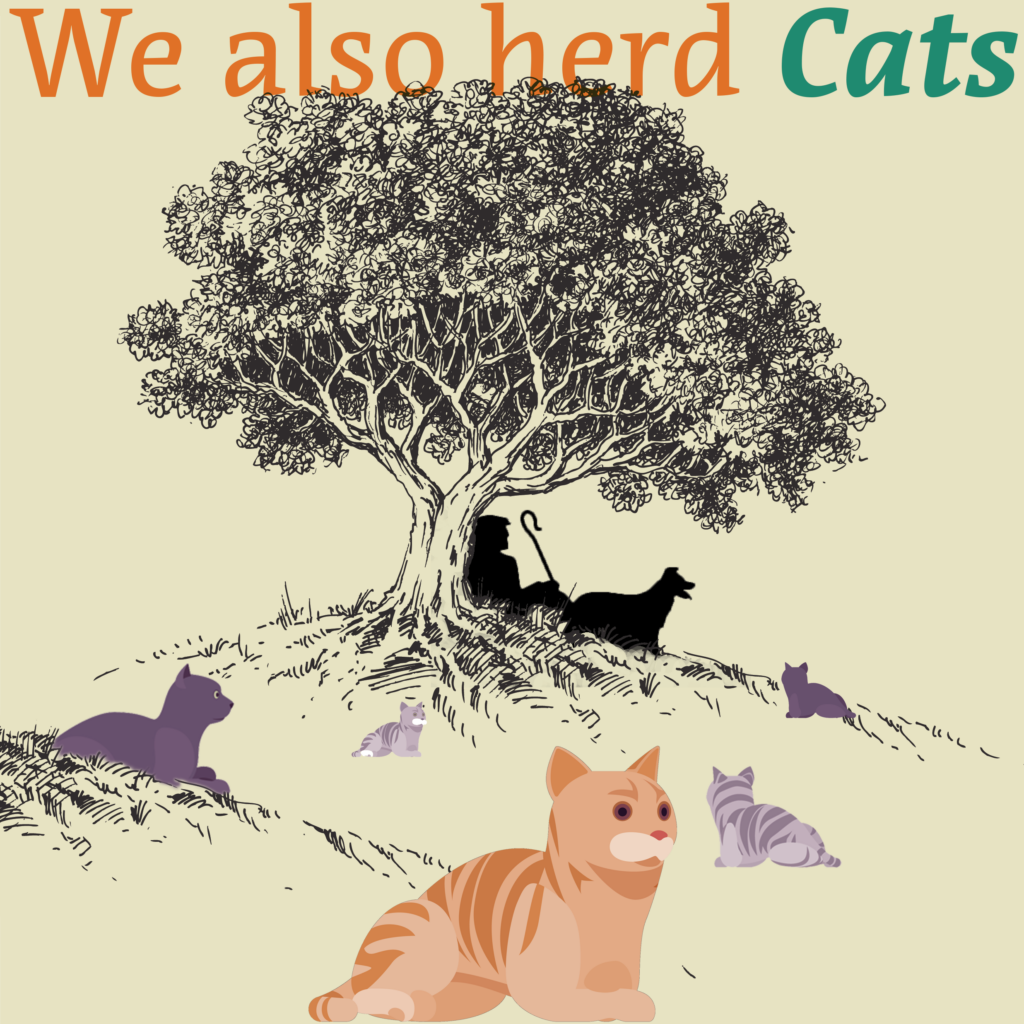 Our logo shows a shepherd resting under a tree while a flock of cats rests on a hilly landscape