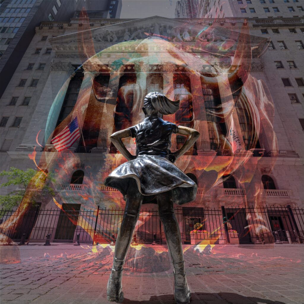 A meme we made for the summer of heat campaign shows a photoshopped photo of the brave girl statue facing down the bull of wall street and a burning earth in front of the New York Stock Exchange